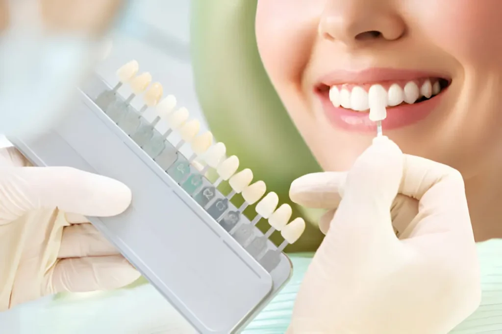 Dentista a mostrar diferentes cores e tons de dentes para tratamento, com sorriso ao fundo.